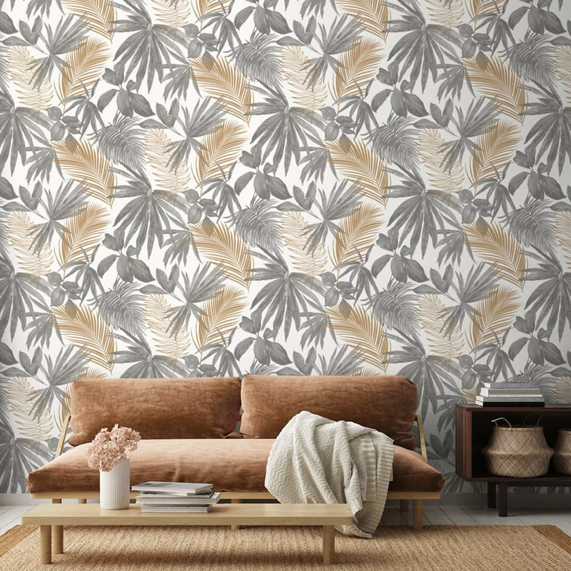 Load image into Gallery viewer, Dutch wallcoverings behang wild palms grijs en beige
