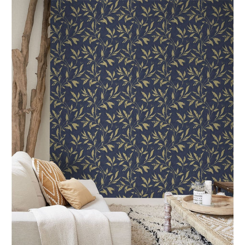Load image into Gallery viewer, DUTCH WALLCOVERINGS DUTCH WALLCOVERINGS Behang Leafs blauw en goudkleurig
