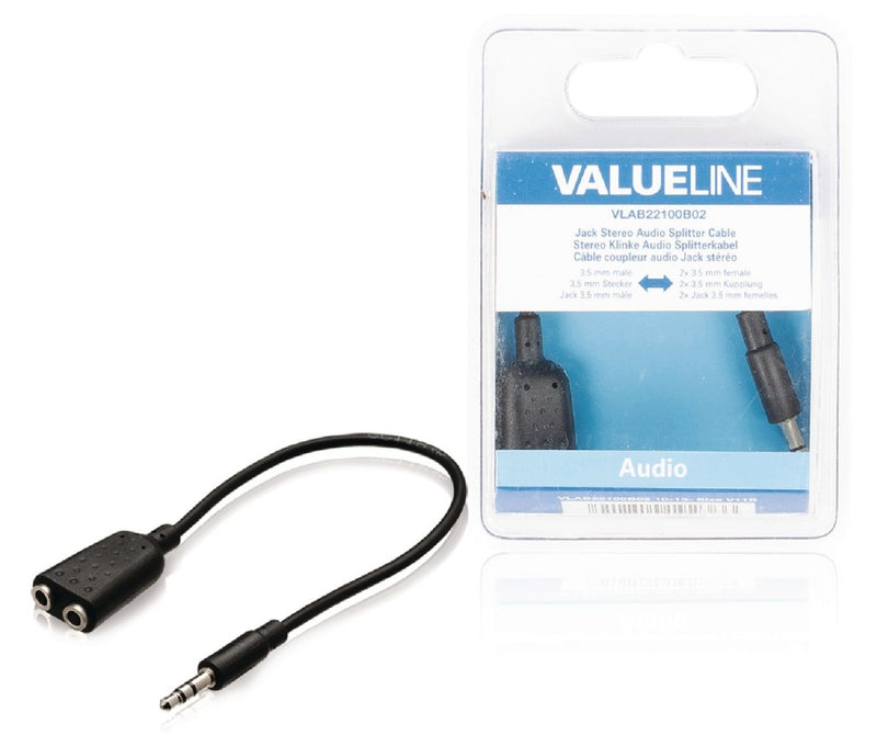 Load image into Gallery viewer, Valueline vlab22100b02 jack stereo audio verdeelkabel 3,5 mm mannelijk - 2x 3,5 mm vrouwelijk 0,20 m zwart
