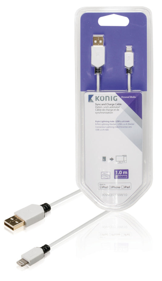 K ouml;nig knm39300w10 sync and charge kabel 8-pins lightning male - usb 2.0 a male 1,00 m wit