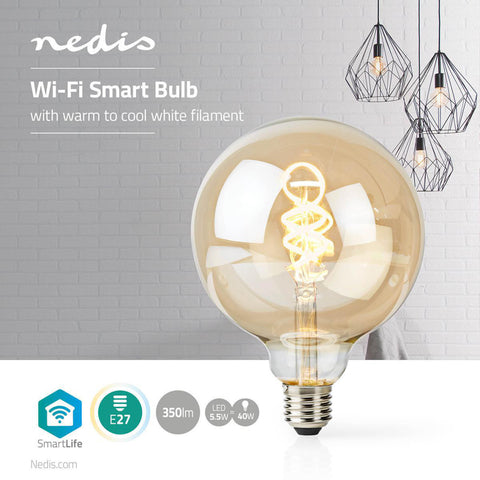 Nedis wifilt10gdg125 wi-fi warm tot koel wit led filamentlampgedraaid e27 g125 5,5 w 350 lm