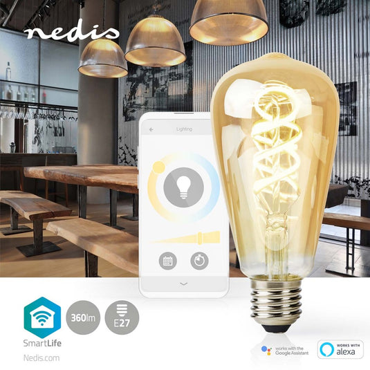 Nedis wifilrt10st64 smartlife led filamentlamp wi-fi e27 360 lm 4.9 w warm to cool white 1800 - 6500 k glas android trade; ios st64