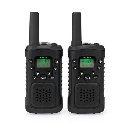 Nedis wltk0610bk walkie talkie set 2 handsets tot 6 km frequentiekanalen: 8 ptt vox tot 3 uur koptelefoonoutput 2 headsets zwart