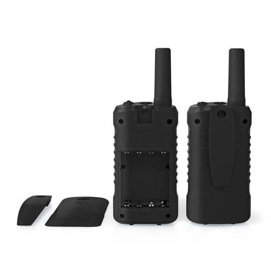 Nedis wltk0610bk walkie talkie set 2 handsets tot 6 km frequentiekanalen: 8 ptt vox tot 3 uur koptelefoonoutput 2 headsets zwart
