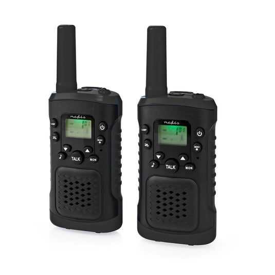 Nedis wltk0610bk walkie talkie set 2 handsets tot 6 km frequentiekanalen: 8 ptt vox tot 3 uur koptelefoonoutput 2 headsets zwart
