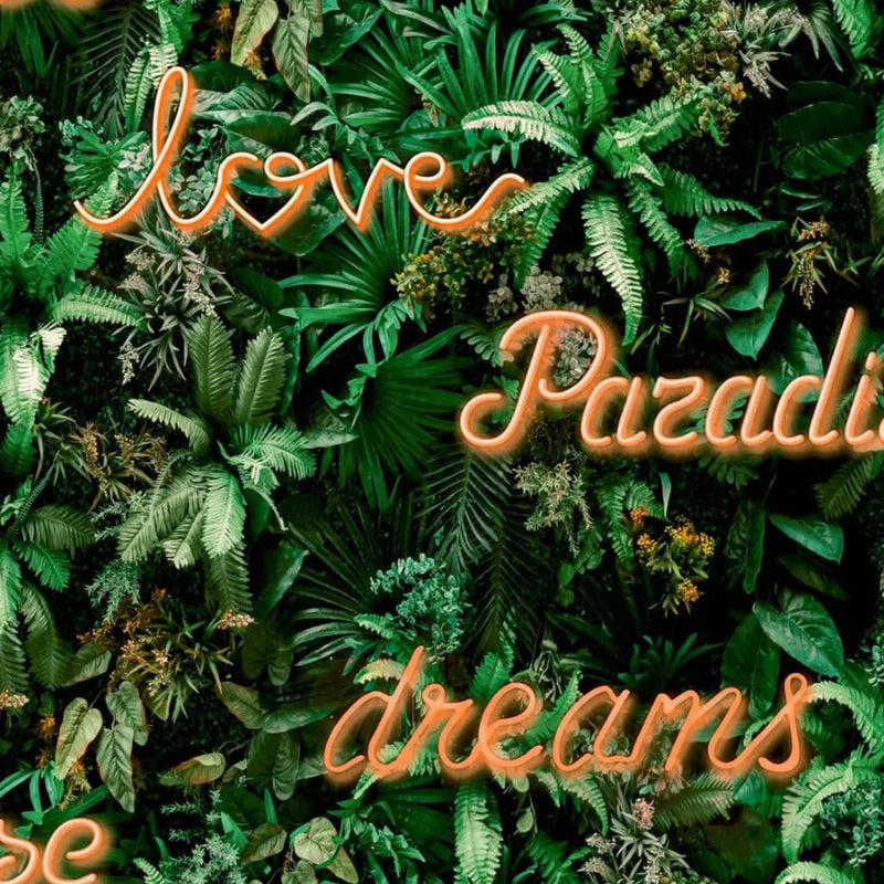 Load image into Gallery viewer, Noordwand behang good vibes neon letter with plants groen en oranje
