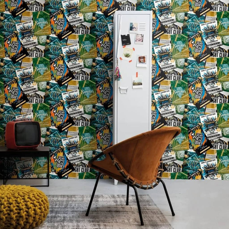 Load image into Gallery viewer, Noordwand behang good vibes club posters groen en oranje

