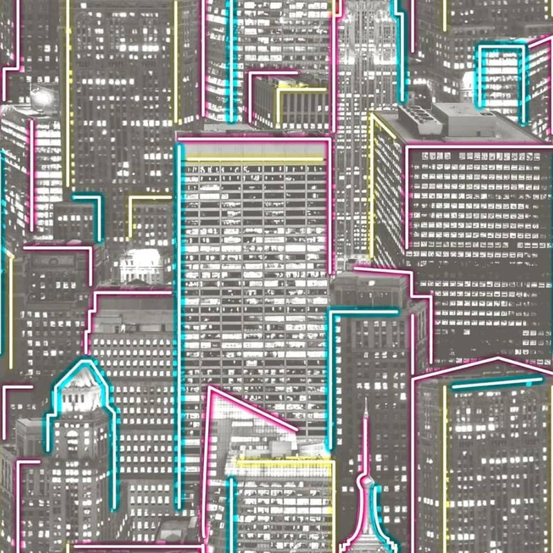 Load image into Gallery viewer, Noordwand behang good vibes skyscrapers glow in dark grijs
