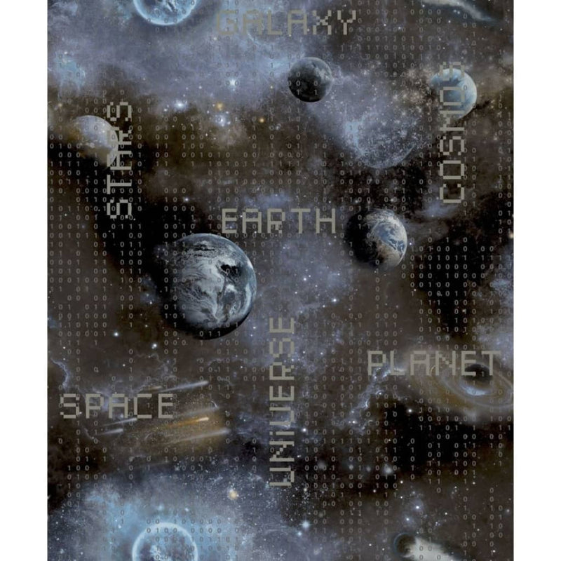 Load image into Gallery viewer, Noordwand behang good vibes galaxy planets and text blauw en zwart
