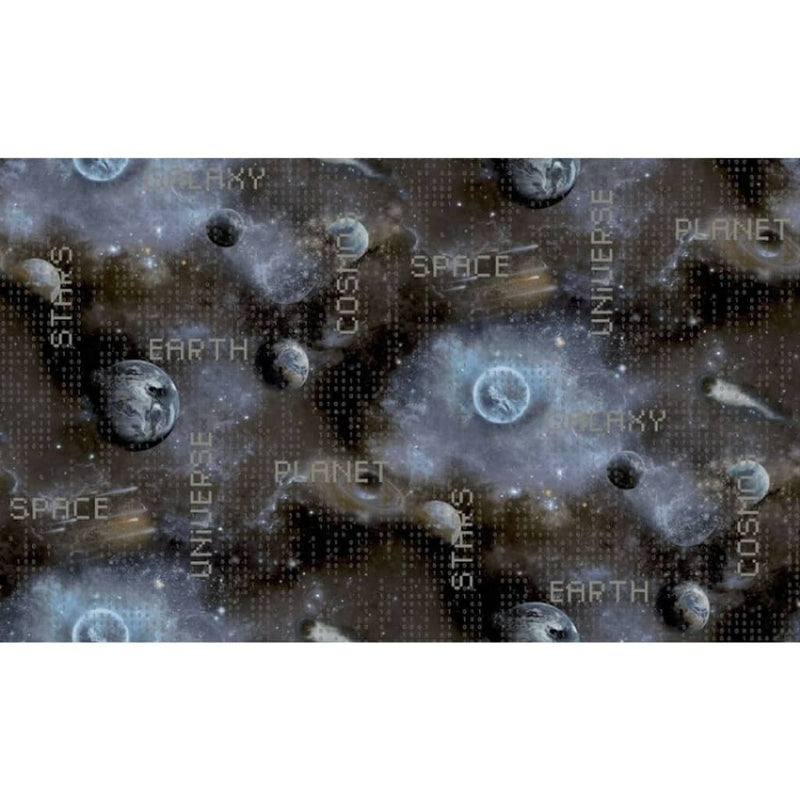 Load image into Gallery viewer, Noordwand behang good vibes galaxy planets and text blauw en zwart
