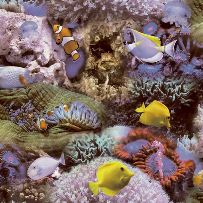 Load image into Gallery viewer, Noordwand behang good vibes coral and tropical fish geel en paars
