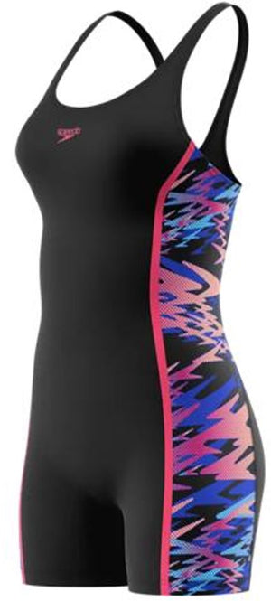 Speedo hyperboom splice muscleback legsuit dames sportbadpak - kleurvast badpak dames met pijpjes - zwempak dames met borstvoering - sportbadpak dames met muscleback - zwart roze - 36