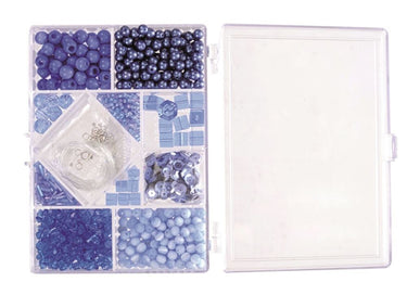 Kralen blauw in rechthoekig doosje. 3+