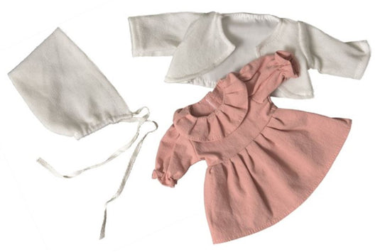 Poppenjurk, vest en muts rose wit. 1+
