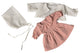 Poppenjurk, vest en muts rose wit. 1+