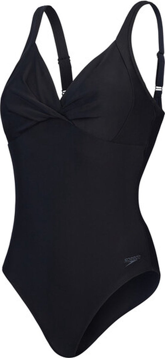 Speedo shaping cross knot 1 piece dames sportbadpak - corrigerend badpak dames - zwempak dames met uitneembare cups - sportbadpak dames met hartvormige halslijn en verstelbare bandjes - zwart - 48