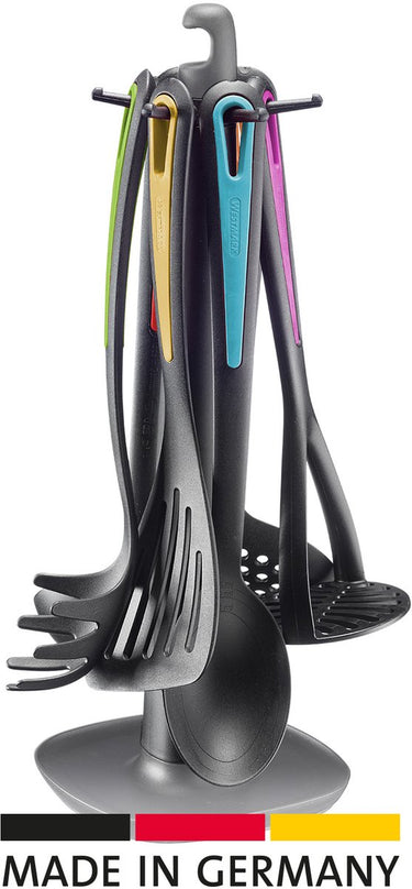 Westmark keukengerei – draaibare standaard gallant met aaardappelstamper, groentelepel, spaghettilepel, soeplepel, schuimspaan en spatel – meerkleurig, 7–delige set
