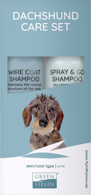 Greenfields vacht verzorgingsset voor teckel dachshund - voor gezonde en zachte vacht - wire coat shampoo en spray go droogshampoo 250ml
