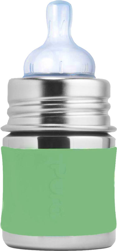 Pura speenfles 150 ml - plasticvrij - drinkfles - voorkomt maagkrampen - vaatwasserbestendig - inclusief siliconen speen, reisdop en sleeve - top is verwisselbaar - veelzijdig - moss