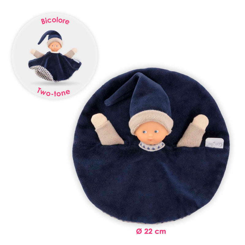 Afbeelding laden in galerijviewer, Corolle knuffeldoek - marineblauw babydoekje 17cm - zacht speelgoed.
