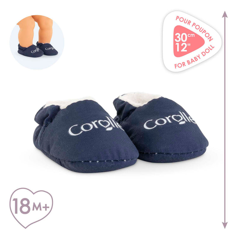 Afbeelding laden in galerijviewer, Corolle babypop slippers marineblauw - poppenkleding 30cm.
