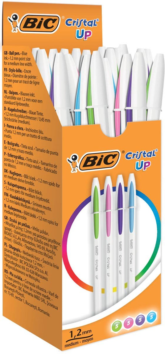 Bic cristal up blauw, groen, roze, paars intrekbare balpen met klembevestiging medium 20 stuk(s)