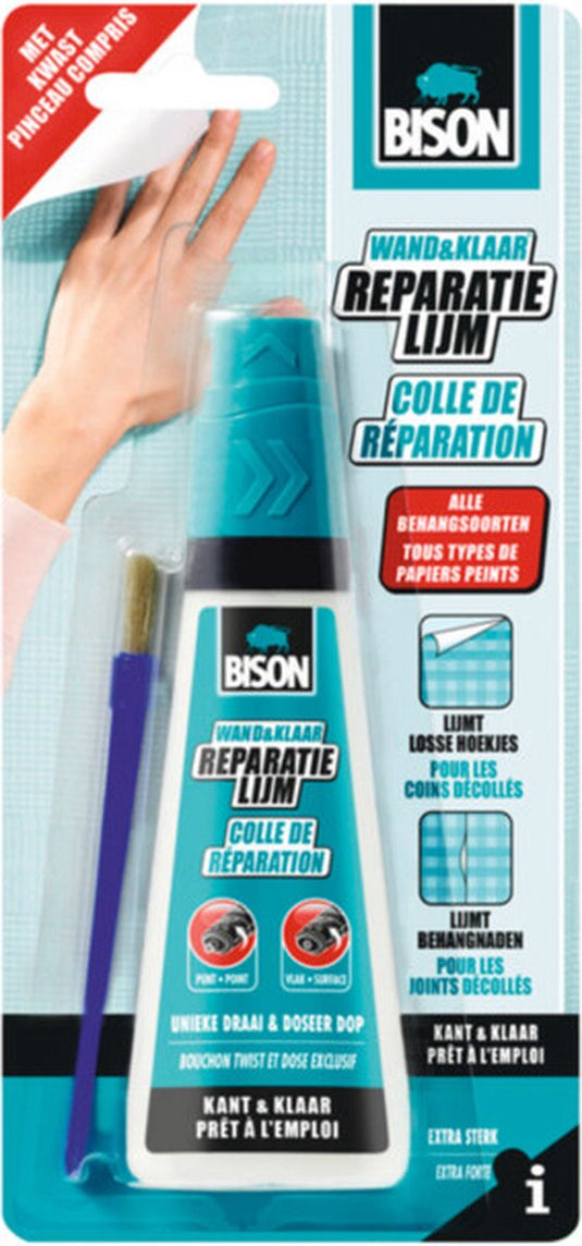 Bison wand klaar® behangreparatielijm 90 ml incl. lijmkwast, kant en klaar, extra sterk, losse hoeken en naden, geschikt voor allerlei verschillende soorten behang