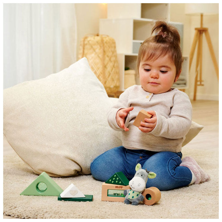 Load image into Gallery viewer, Eichhorn baby hipp houten geluidsblokken met ezel knuffeltje
