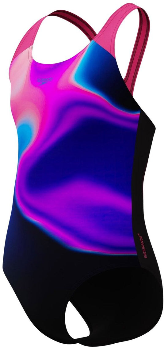 Speedo print splashback meisjes sportbadpak- zwart paars