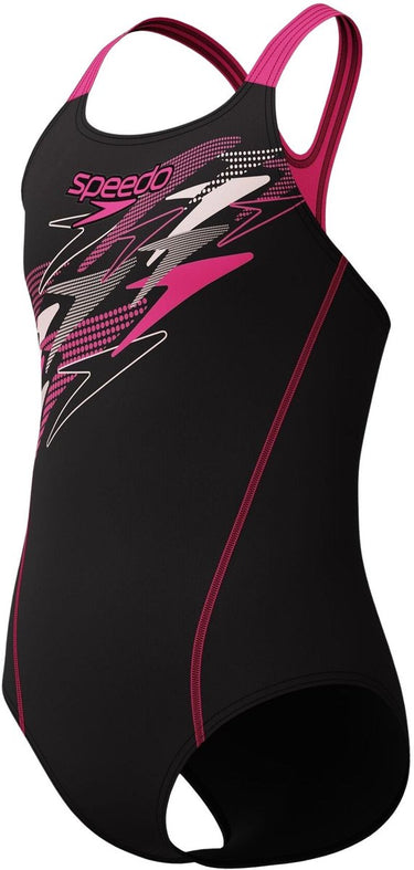 Speedo medley logo medalist meisjes sportbadpak - badpak meisjes met stretch - vormvast zwempak meisjes - sportbadpak meisjes met medalist-bandjes - zwart roze - 164