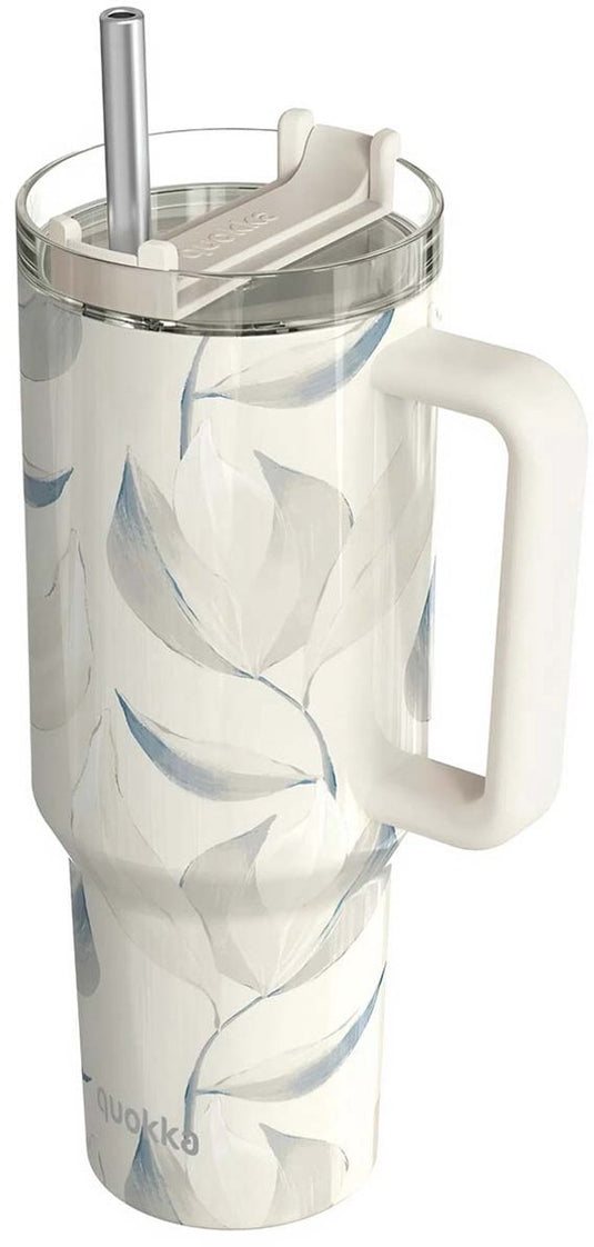 Quokka , isolatiebeker 1200 ml met rietje met katoen bladmotief, wit