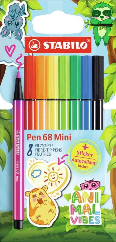 Stabilo pen 68 mini - premium viltstift - animal vibes - etui met 8 kleuren + sticker
