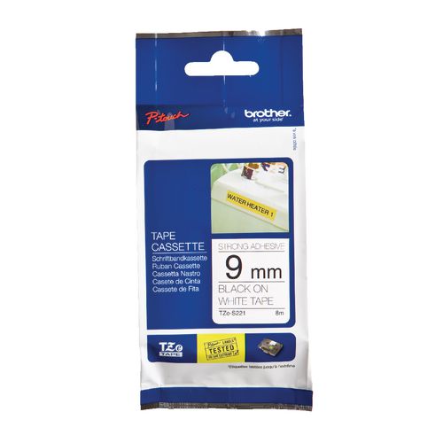 Extra klevende tape tzes221 brother 9mmx8m zwart wit