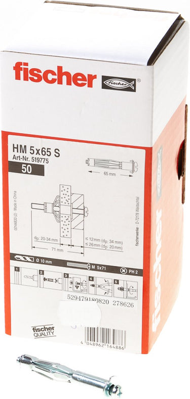 Fischer hollewandplug 5x65mm hm 5x65 s 519775 (50 stuks)