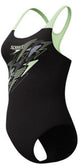 Speedo medley logo medalist 1 piece dames sportbadpak - kleurvast badpak dames - chloorbestendig zwempak dames - sportbadpak dames met medalist-rug - zwart groen - 44