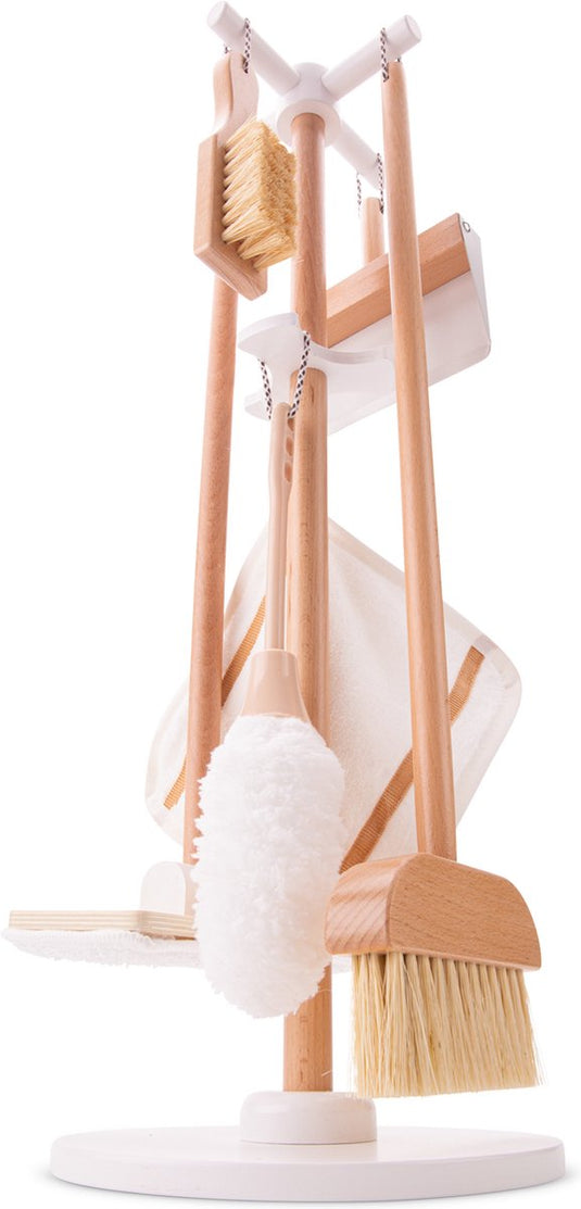 Woet ® houten speelgoed schoonmaakset met standaard - 6-delig met bezem, dweil, stoffer blik - fsc - rollenspel schoonmaken - vanaf 3 jaar