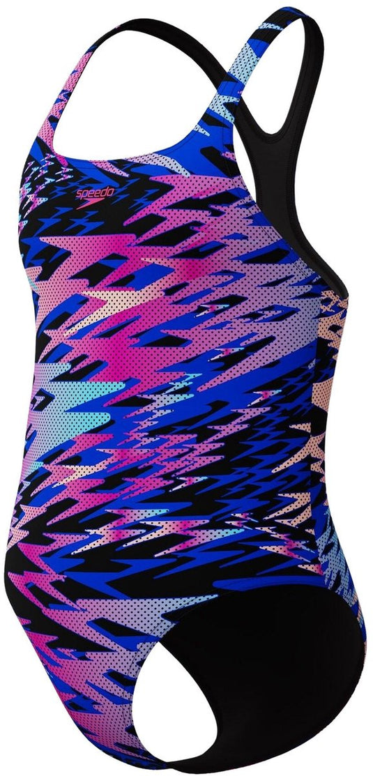 Speedo hyperboom print medalist meisjes sportbadpak - kleurvast badpak meisjes - chloorbestendig zwempak meisjes - sportbadpak meisjes met medalist-bandjes - zwart roze - 152