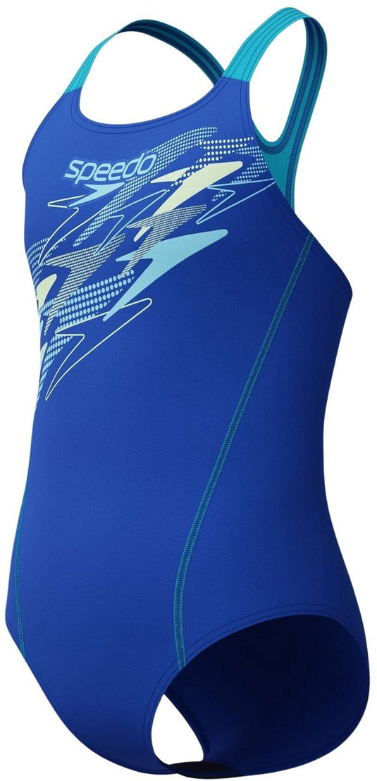 Speedo medley logo medalist meisjes sportbadpak - badpak meisjes met stretch - vormvast zwempak meisjes - sportbadpak meisjes met medalist-bandjes - blauw paars - 164