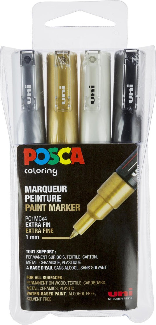 Posca verfstiften set 1mc wit zwart goud zilver