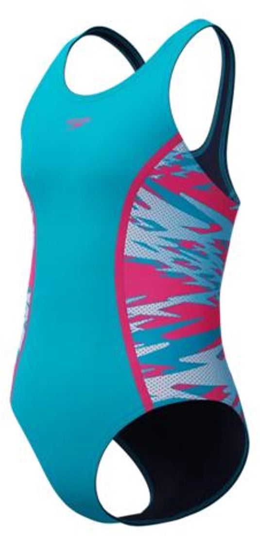 Speedo hyperboom splice muscleback meisjes sportbadpak - kleurvast badpak meisjes - chloorbestendig zwempak meisjes - sportbadpak meisjes met muscleback-rug - turquoise roze - 176
