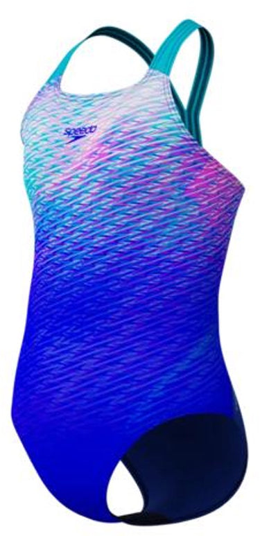 Speedo print powerback meisjes sportbadpak - kleurvast badpak meisjes - chloorbestendig zwempak meisjes - sportbadpak meisjes met powerback-bandjes - blauw turquoise - 164