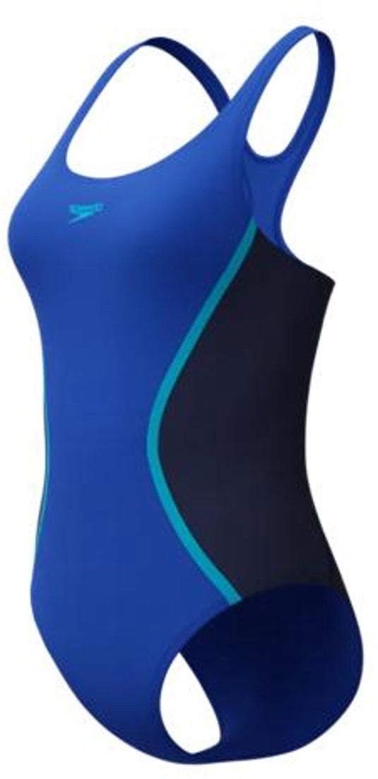 Speedo solid splice medalist 1 piece dames sportbadpak - kleurvast badpak dames - chloorbestendig zwempak dames - sportbadpak dames met medalist-rug - marine blauw - 40