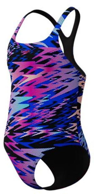 Speedo hyperboom print medalist meisjes sportbadpak - kleurvast badpak meisjes - chloorbestendig zwempak meisjes - sportbadpak meisjes met medalist-bandjes - zwart roze - 176