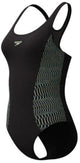 Speedo placement medalist 1 piece dames sportbadpak - badpak dames met stretch - vormvast zwempak dames - sportbadpak dames met medalist-rug - zwart groen - 44