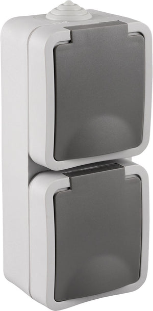 Q-link dubbel buitenstopcontact â€“ opbouw stopcontact â€“ wandcontactdoos â€“ ip54 spatwaterdicht â€“ verticaal â€“ grijs