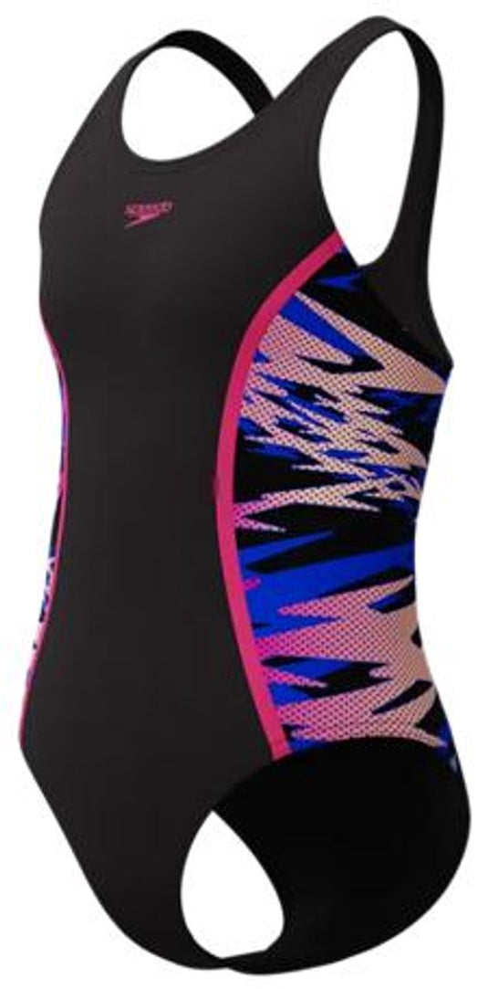 Speedo hyperboom splice muscleback meisjes sportbadpak - kleurvast badpak meisjes - chloorbestendig zwempak meisjes - sportbadpak meisjes met muscleback-rug - zwart roze - 164