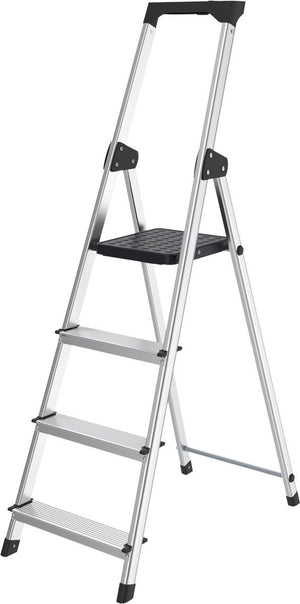 Brasq huishoudtrap 4 -treden zilver - keukentrap inklapbaar aluminium voor particulier en professioneel gebruik - trap ladder - anti slip