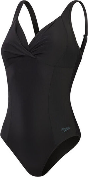 Speedo shaping cross knot 1 piece dames sportbadpak - corrigerend badpak dames - zwempak dames met uitneembare cups - sportbadpak dames met hartvormige halslijn en verstelbare bandjes - zwart - 38