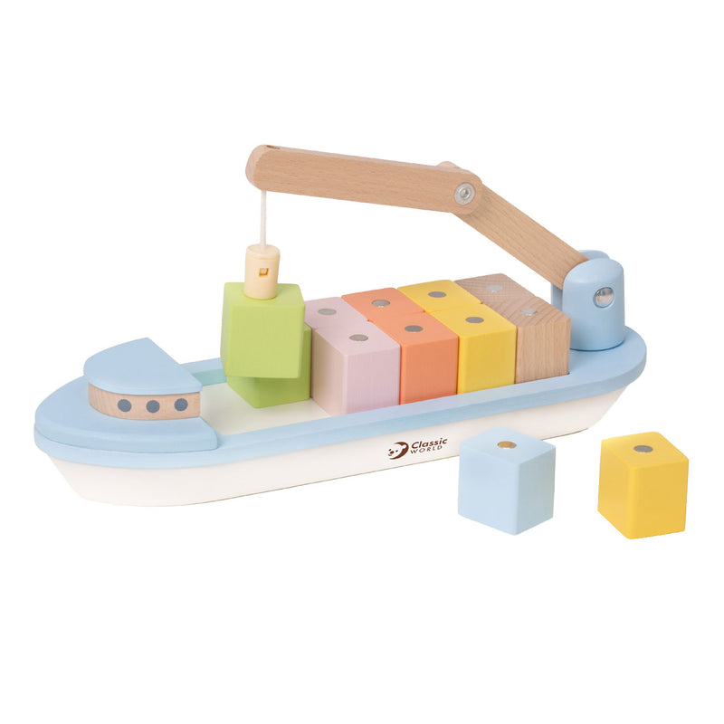 Load image into Gallery viewer, Classic world houten blokkenboot met kraan, 13dlg.
