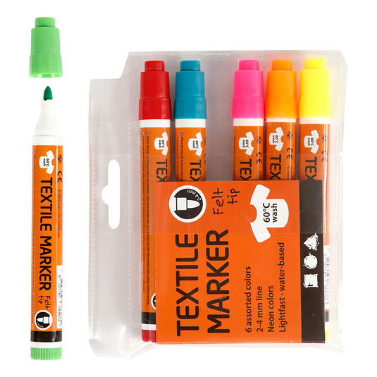 Creativ company textielstiften neon kleuren - lijndikte 2-4mm - 6st.